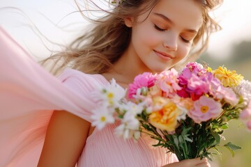 A joyful young girl embraces a colorful bouquet of flowers in a sunlit field.