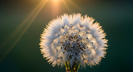 Dandelion seed head covered in morning dew drops backlit against