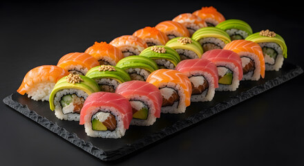 Diagonal layout of assorted colorful sushi rolls on a black slat