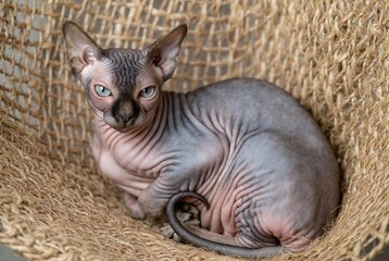 Sphynx Cat Portrait: Hairless Feline with Unique Features in Cozy Setting | Cute and Playful Domestic Pet Photography
