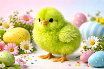 Green chick surrounded by colorful eggs and flowers during Easter celebration in springtime