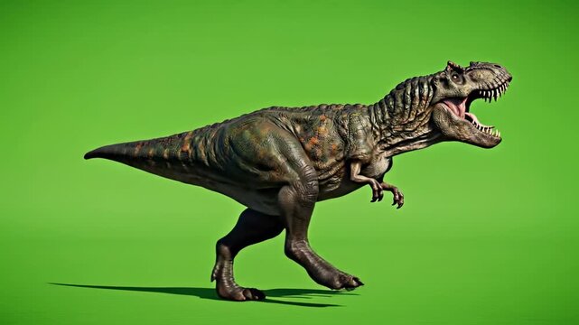 Isolated Tyrannosaurus Rex model performing an aggressive full body run cycle captured against a bright green screen background ready for visual effects keying fullbody, primeval, compositing