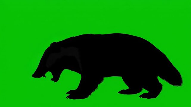Isolated clean honey badger profile silhouette on a perfect green screen background performing a quick aggressive growl action simple, action, shadow