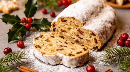 Traditional Christmas Stollen with icing sugar, spices and festive decor on grey table, flat lay