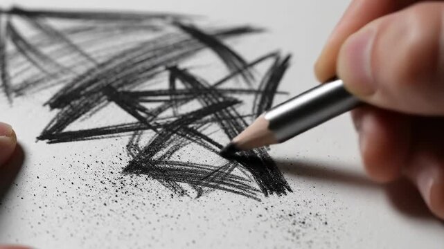 Isolated close up shot of a mechanical pencil rapidly sketching thick, abstract graphite strokes on high-contrast white material business, mechanical, concept