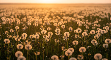 Field of mature dandelion seed heads backlit by warm golden hour