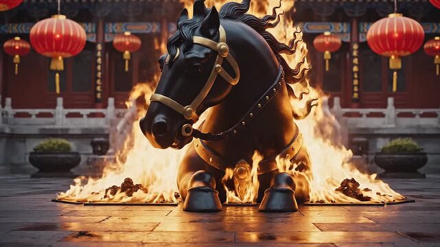 A powerful front-view close-up of a black horse surrounded by intense flames, set against a traditional temple background with red lanterns. Represents the "Fire Horse" zodiac for the 2026 Lunar New y