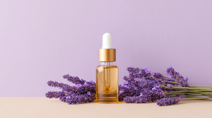 Lavender essential oil bottle sits elegantly next to fresh lavender flowers on a pastel background, exuding calmness.