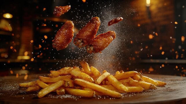 Fried chicken wings and french fries in action