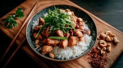 A vibrant plate of kung pao chicken rests atop a mound of fluffy white rice, adorned with fresh herbs and crunchy peanuts, offering a satisfying culinary adventure for any food lover