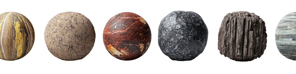 Fototapeta premium A row of six textured spheres on a black background. Each sphere displays a different surface