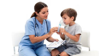 Child and nurse focused on inhaler demonstration using checklist while seated together in clinical room isolated on white background for clear medical concept.