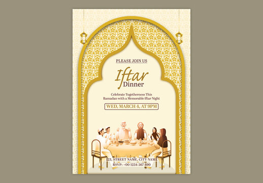 Editable Iftar Dinner Party Invitation Template with Illustration of Muslim Family Praying Before Meal at Dining Table on Yellow Islamic Arch Pattern Background.