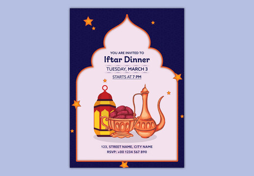 Editable Iftar Dinner Party Invitation Template with Delicious Dates, Arabic Lamp, Ancient Jug on Pastel Pink and Blue Islamic Pattern Background for Ramadan Holy Month.