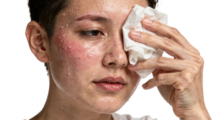 Facial sweating on public transport captured in isolation hand lifting tissue to wipe damp forehead sweat against a white backdrop.