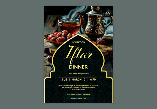 Editable Ramadan Iftar Party Invitation Template with Illustration of Traditional Dates and Arabic Jug on Wooden Plate.