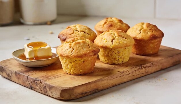 Golden corn muffins with butter and syrup on a wooden board, bakery treats for breakfast corn muffin.