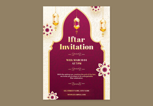 Editable Iftar Party Invitation Template with Event Details on White and Dark Pink Islamic Pattern Background. 