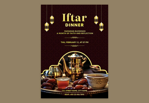 Editable Iftar Dinner Party Invitation Template with Traditional Dates and Delicious Tea on Black Background for Breaking the Fast During Ramadan.