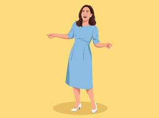 Happy and confident woman in light blue dress and white heels, standing on a yellow background. Full-body, smiling, vector illustration.