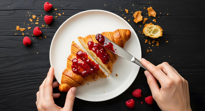 Overhead view of hands spreading raspberry jam on a sliced crois