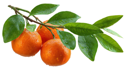 A branch of citrus fruits, bright orange with green leaves. Water droplets visible