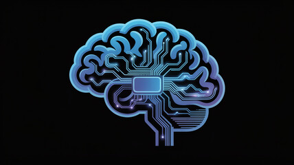 Artificial intelligence brain with circuit board design in blue neon lighting on dark background for technology