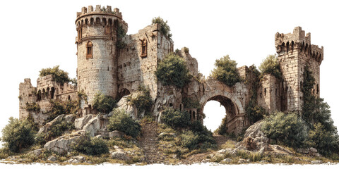 Naklejka premium A weathered stone castle on a rocky hillside with archway and overgrown vegetation
