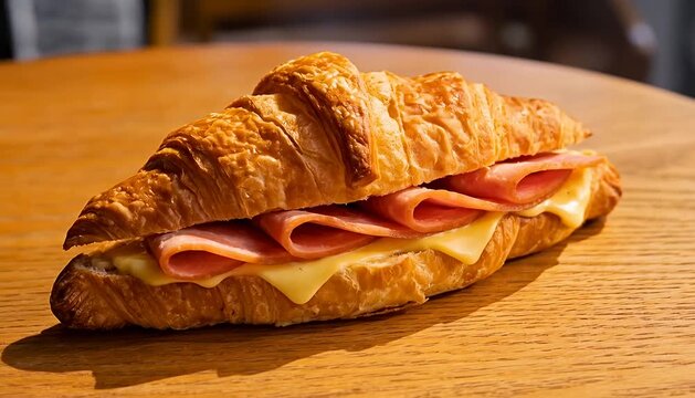 Delicious savory croissant sandwich with ham and cheese, a quick breakfast or snack option, cheese, pastry.