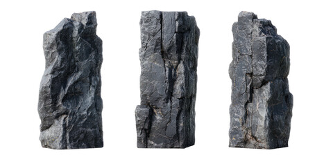 Three textured grey stone formations against a black background. Varying angles, details of cracks and crevices