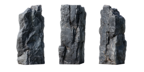 Three textured grey stone formations against a black background. Varying angles, details of cracks and crevices