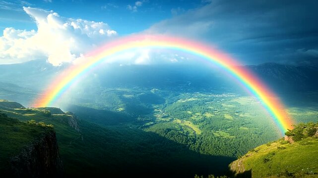 Vibrant Rainbow Arching Over Lush Green Valley