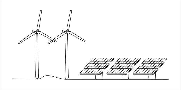 Continuous single line drawing illustrating renewable energy sources with wind turbines and solar panels Vector, illustration