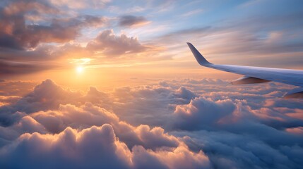 Amazing view from airplane window over fluffy clouds at sunset, aircraft wing flying above golden cloudy sky during sunrise flight