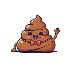 A cartoon character made of feces wearing a bow tie and waving happily