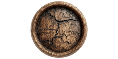 Close-up of a circular, weathered wooden surface, featuring cracks and tonal variations