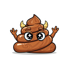 A cartoon poop with horns and star-shaped eyes on a white background