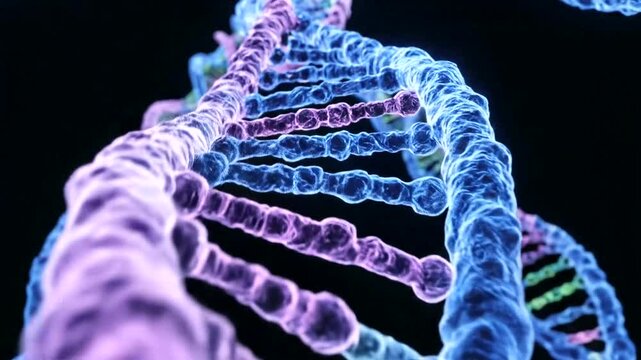 Colorful close-up of a DNA double helix structure showcasing molecular details