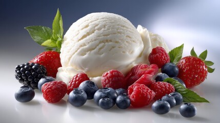 Creamy vanilla ice cream sits invitingly atop a bed of fresh berries, including juicy strawberries, plump blueberries, and tart raspberries, capturing the essence of summer