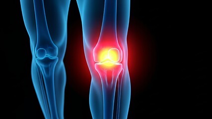 Human knee joint with inflammation or injury highlighted in red and yellow