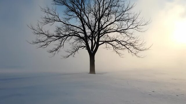 Isolated silhouette of a bare deciduous tree standing stoically in a deep white fog on a massive flat snow field during a quiet winter morning Isolated silhouette, serene, deep white fog