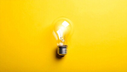 Illuminated incandescent light bulb floating on vibrant yellow background evoking creativity, innovation, and bright ideas