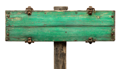 Weathered, green wooden sign on a gray post, suggesting an aged and natural aesthetic