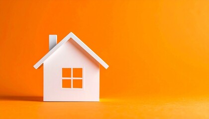 Stylized orange house model with pitched roof and window on vibrant orange background evoking minimalism and architectural charm