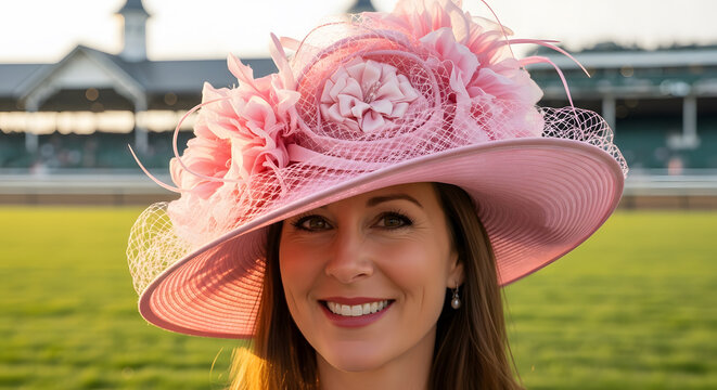 Woman wearing large pink derby hat smiling at the racetrack duri