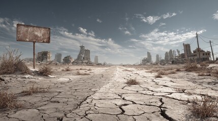 Post-apocalyptic desolate landscape with cracked earth and ruined city buildings under a cloudy sky
