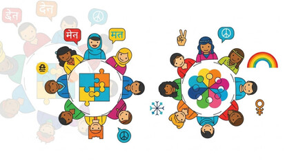 Diverse People Embracing Puzzle Pieces and Social Media Icons on White Background