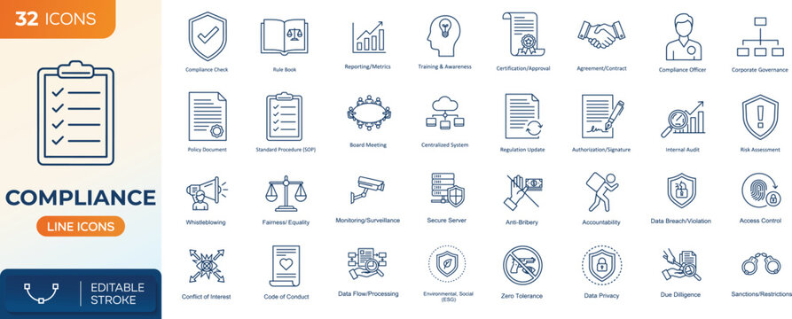 Compliance and regulatory line icon set. Corporate governance, risk management, audit process, policy control, legal transparency, editable stroke vector collection.