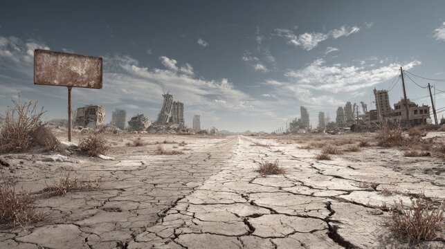 Post-apocalyptic desolate landscape with cracked earth and ruined city buildings under a cloudy sky