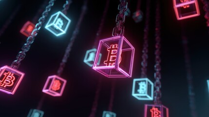 Futuristic cryptocurrency concept featuring glowing neon Bitcoin symbols encased in glass cubes hanging from chains. Digital finance and blockchain background